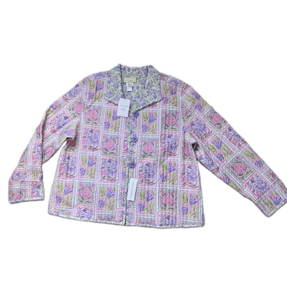 NWT Appleseed's Petites Reversible Floral Quilted Jacket Pink Purple Cotton PL
